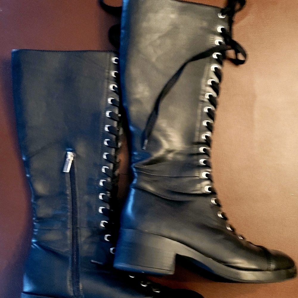 Lace up knee high black boots